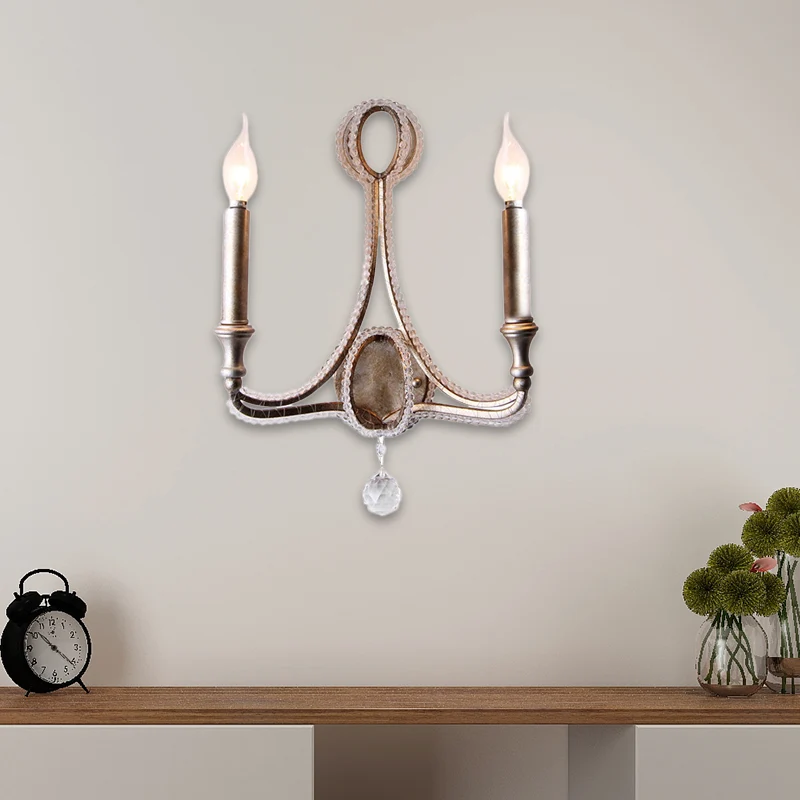 Retro Loft stoffen wandlamp 2-kops conisch schanslicht met kristallen kralenstreng verouderd zilver Clearhalo