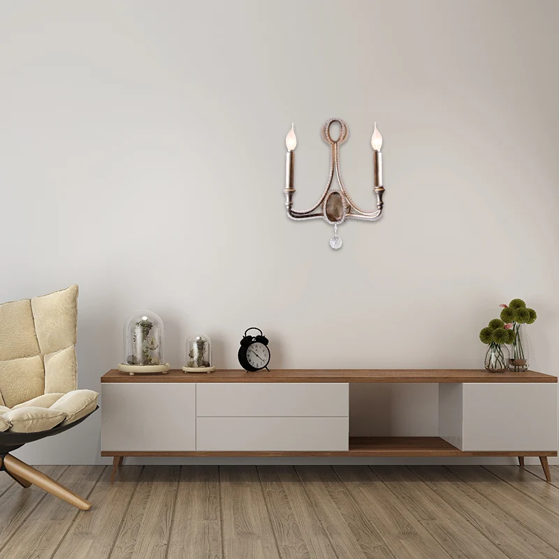 Retro Loft stoffen wandlamp 2-kops conisch schanslicht met kristallen kralenstreng verouderd zilver Clearhalo