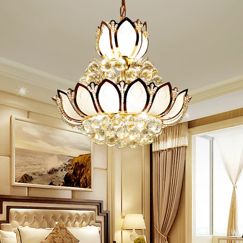Retro Lotus Kroonluchter Hanglamp Kristal 10 Hoofden Hangende Plafondlamp Goud Clearhalo