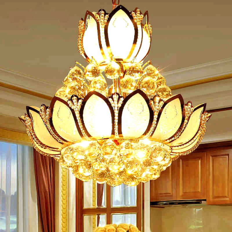 Retro Lotus Kroonluchter Hanglamp Kristal 10 Hoofden Hangende Plafondlamp Goud Clearhalo