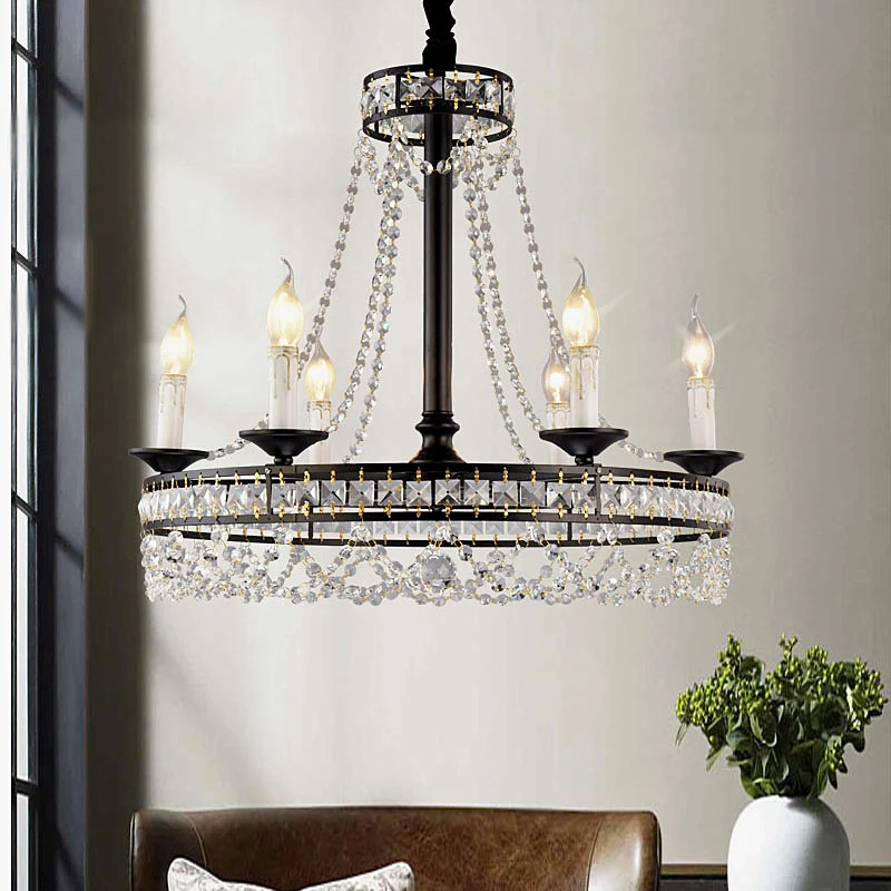 Retro ronde hangende kroonluchter kristal 4/6/8 lampen hanglamp zwart Clearhalo
