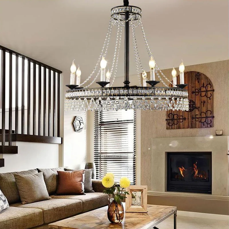 Retro ronde hangende kroonluchter kristal 4/6/8 lampen hanglamp zwart Clearhalo
