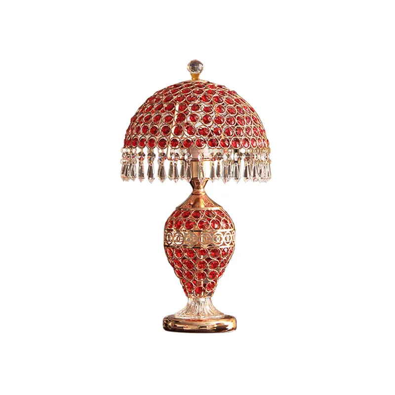 Retro vaaspot tafellamp enkele rode kristallen nachtlamp met koepellampenkap en druppel goud Clearhalo