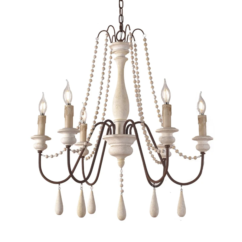 Retro-stijl draperende kraalophanglamp 8-kops houten kroonluchterlamp met kandelaar Clearhalo