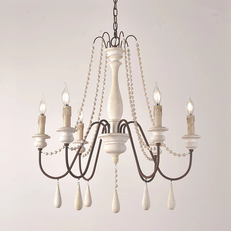 Retro-stijl draperende kraalophanglamp 8-kops houten kroonluchterlamp met kandelaar Clearhalo