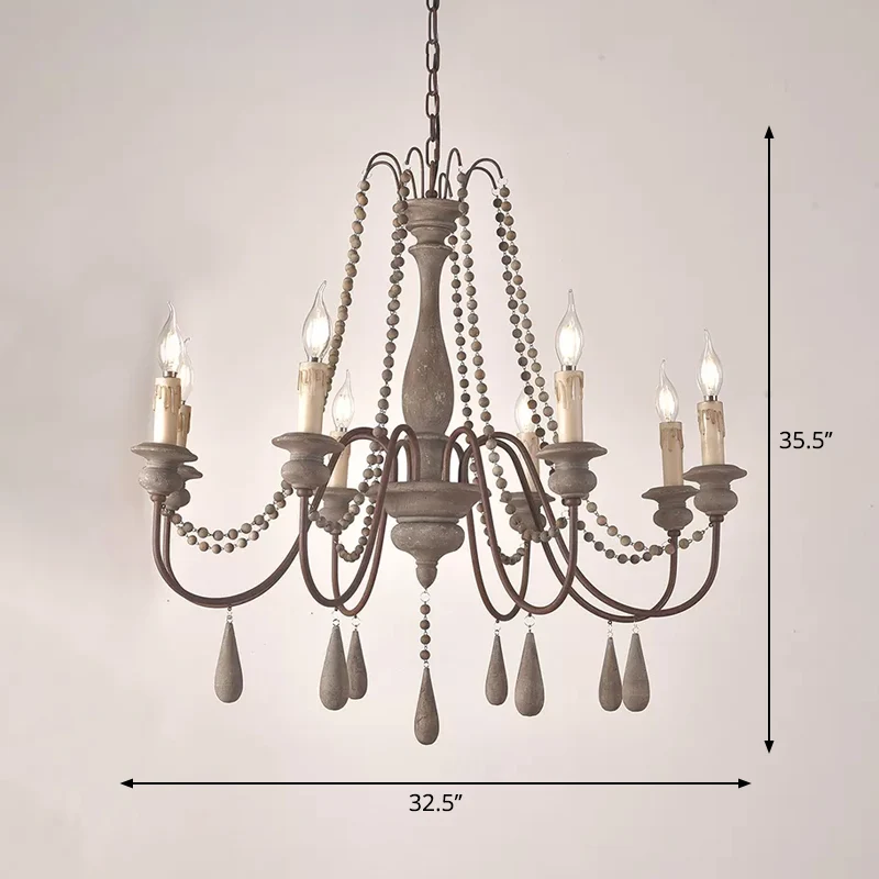 Retro-stijl draperende kraalophanglamp 8-kops houten kroonluchterlamp met kandelaar Clearhalo