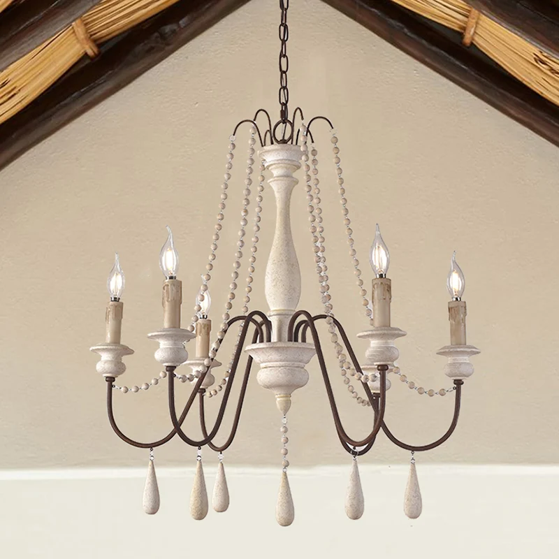 Retro-stijl draperende kraalophanglamp 8-kops houten kroonluchterlamp met kandelaar Clearhalo