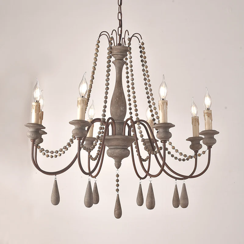 Retro-stijl draperende kraalophanglamp 8-kops houten kroonluchterlamp met kandelaar Clearhalo