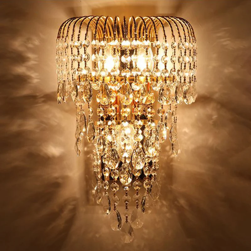 Rieten kristallen druppelwandlamp modernistische 3-lichts slaapkamer schansverlichting goud Clearhalo