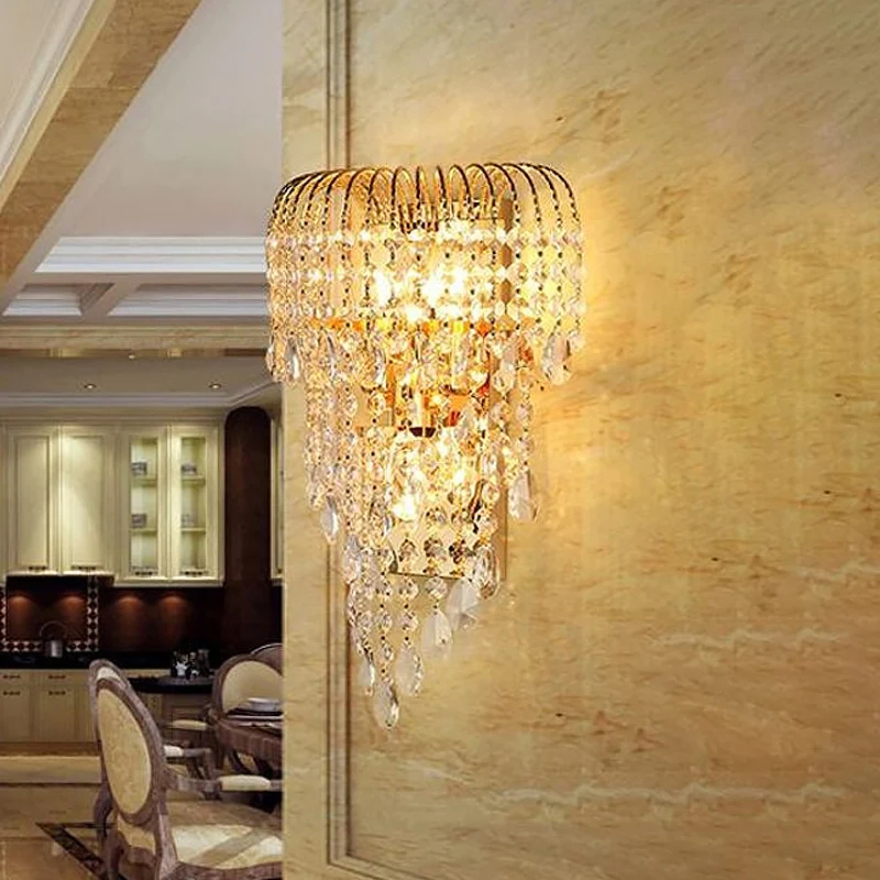 Rieten kristallen druppelwandlamp modernistische 3-lichts slaapkamer schansverlichting goud Clearhalo