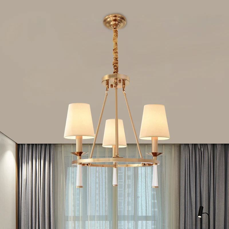 Ring eetkamer hangende kroonluchter retro metalen 3-lichts witte hangende plafondlamp met kegelvormige stoffen kap Clearhalo