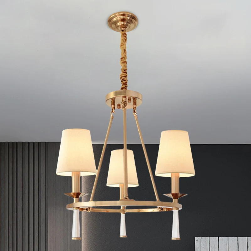 Ring eetkamer hangende kroonluchter retro metalen 3-lichts witte hangende plafondlamp met kegelvormige stoffen kap Clearhalo