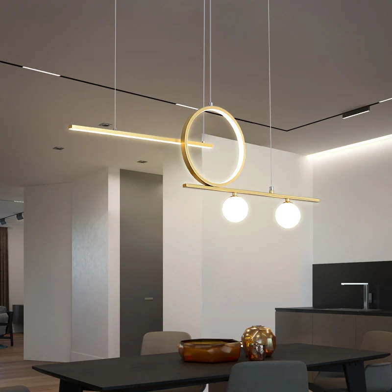 Ring- en lineaire eetkamer LED-hanglamp Metalen minimalistische eilandplafondlamp met bolvormige acrylkap Clearhalo