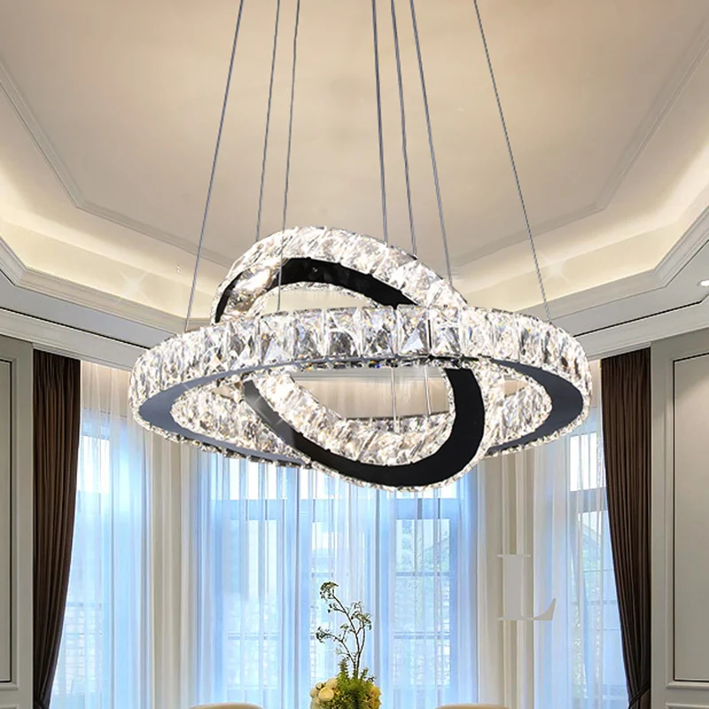 Ringkroonluchter licht minimalistisch kristal 19"/19,5"/23,5" brede LED zwarte hanglampset voor slaapkamer Clearhalo