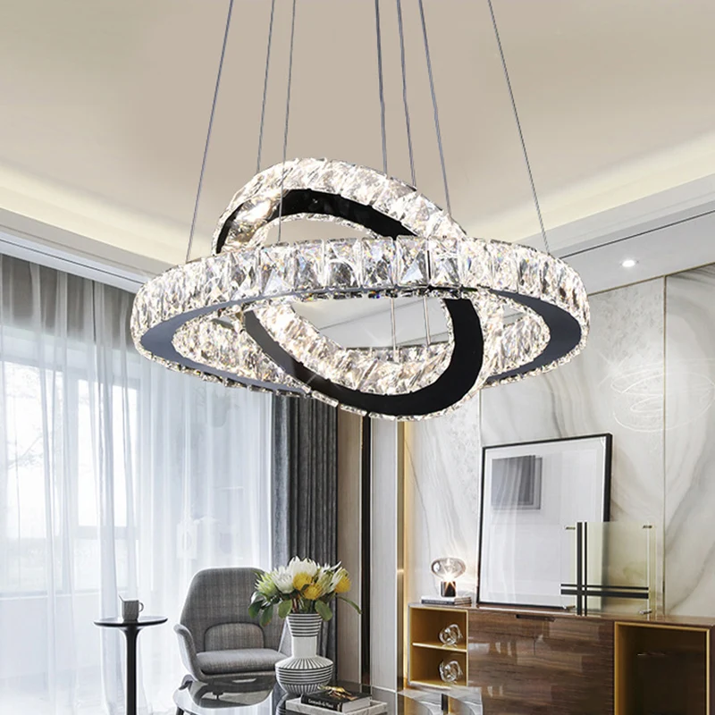 Ringkroonluchter licht minimalistisch kristal 19"/19,5"/23,5" brede LED zwarte hanglampset voor slaapkamer Clearhalo