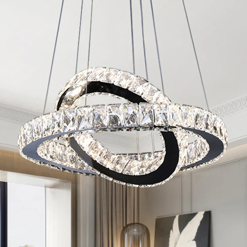 Ringkroonluchter licht minimalistisch kristal 19"/19,5"/23,5" brede LED zwarte hanglampset voor slaapkamer Clearhalo