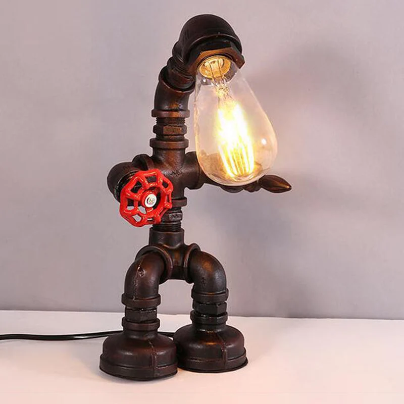 Robot nachtkastje nachtverlichting vintage metallic 1-lamps pijp bureaulamp met bronzen afwerking en rode klep deco Clearhalo