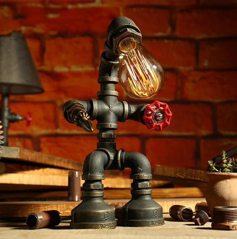 Robot nachtkastje nachtverlichting vintage metallic 1-lamps pijp bureaulamp met bronzen afwerking en rode klep deco Clearhalo