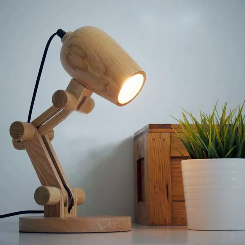 Robottafellamp Nordic Wood LED-nachtkastje voor kinderen met zwenkarm bruin Clearhalo