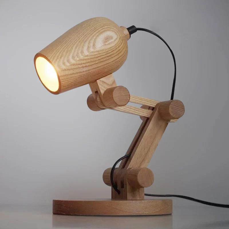 Robottafellamp Nordic Wood LED-nachtkastje voor kinderen met zwenkarm bruin Clearhalo