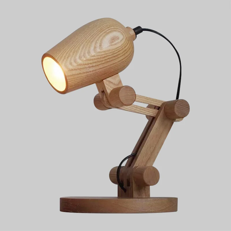Robottafellamp Nordic Wood LED-nachtkastje voor kinderen met zwenkarm bruin Clearhalo