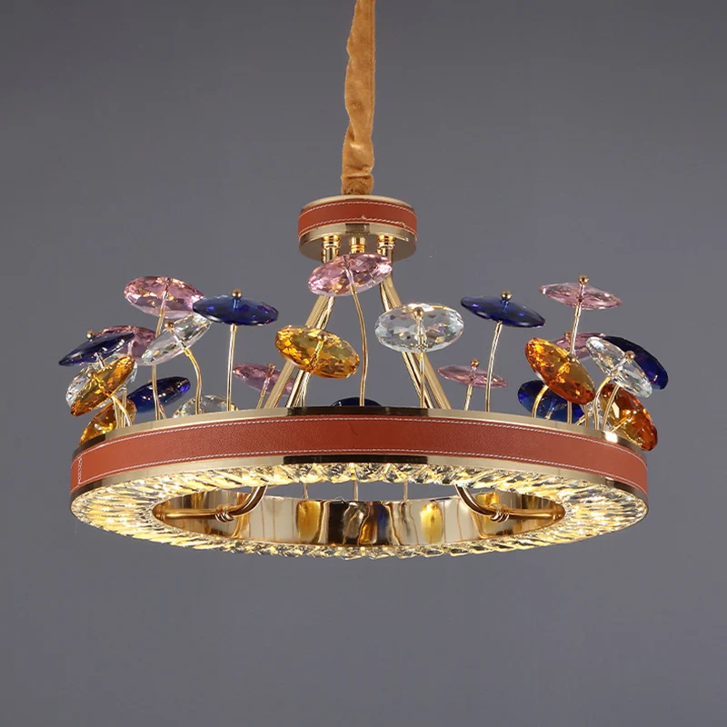 Rode hoepel kroonluchter hanglamp Macaron kristal slaapkamer 19,5 "/23,5" W LED hanglamp met kleurrijk paddestoeldecor Cle...
