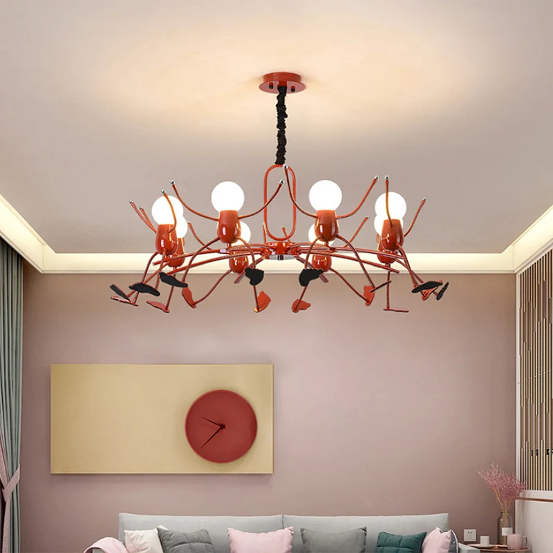 Rode Stick-Man kroonluchter nieuwigheid cartoon metalen hangende lamp voor kinderkamer Clearhalo