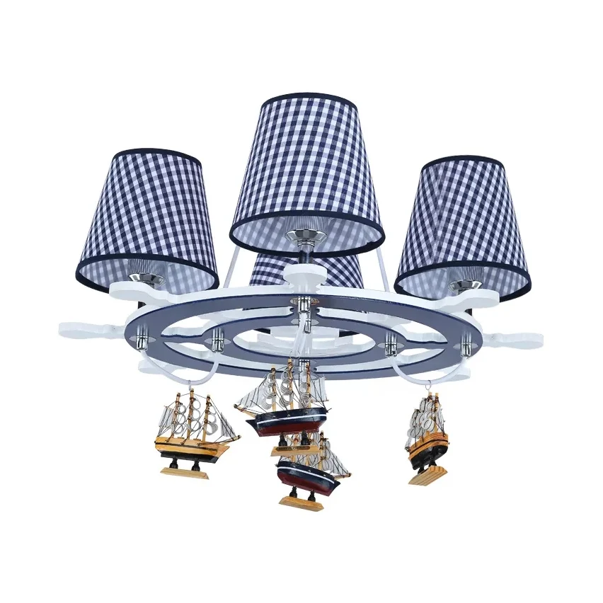 Roer studeerkamer kroonluchter met geruite kap en scheepshout 4-lichts nautische hanglamp Clearhalo