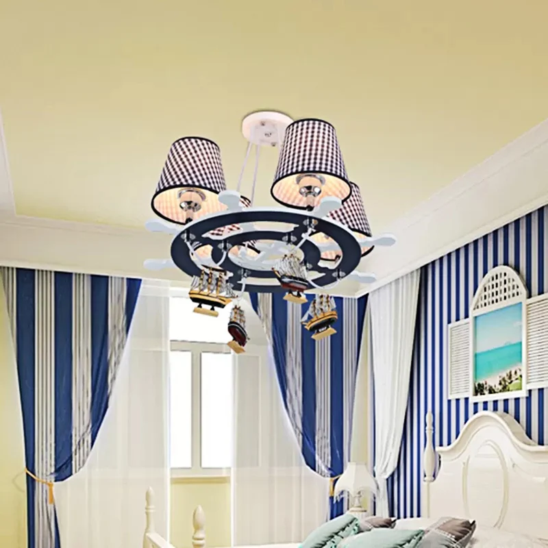 Roer studeerkamer kroonluchter met geruite kap en scheepshout 4-lichts nautische hanglamp Clearhalo