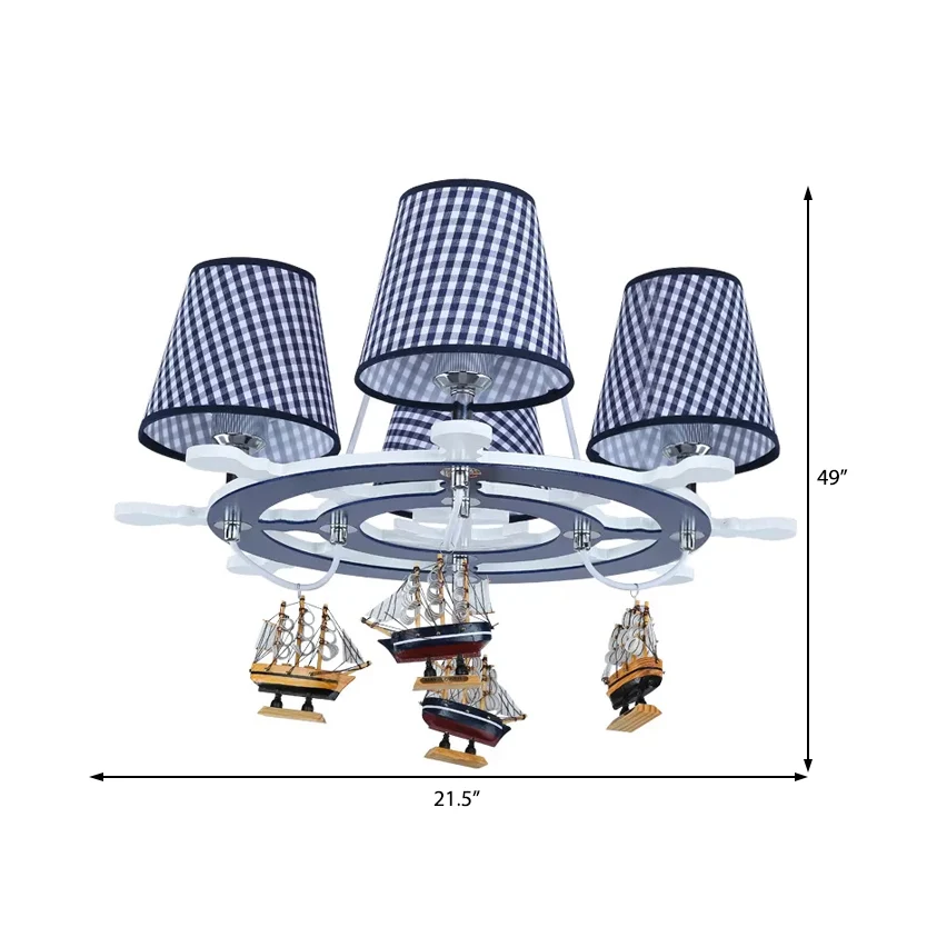 Roer studeerkamer kroonluchter met geruite kap en scheepshout 4-lichts nautische hanglamp Clearhalo