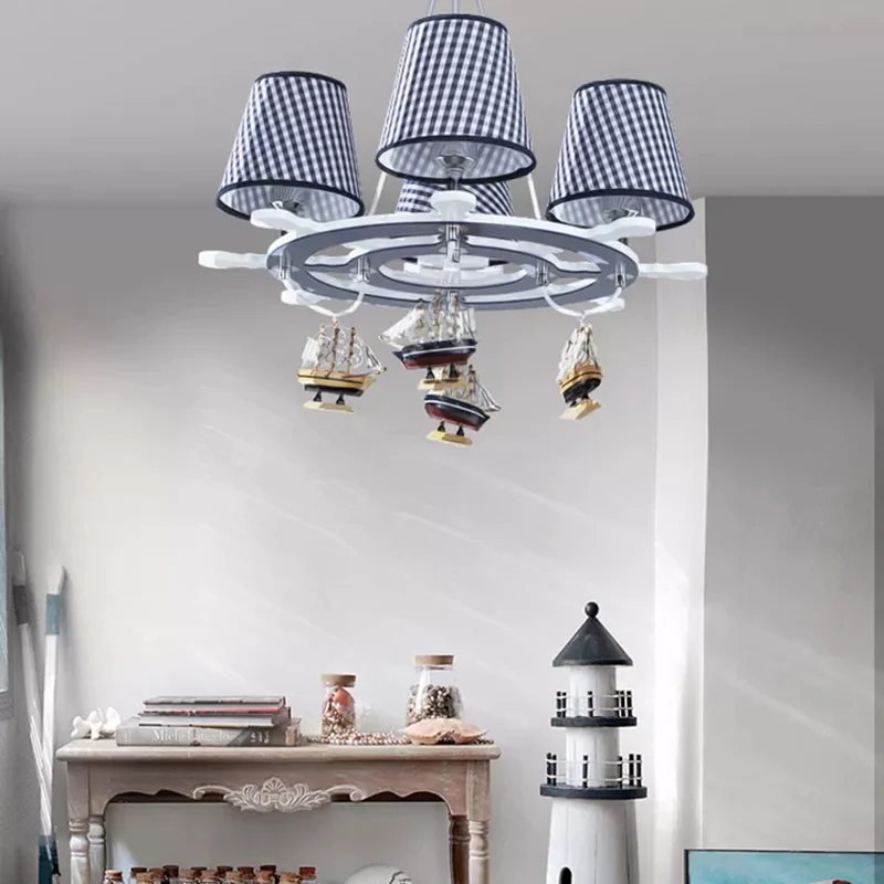 Roer studeerkamer kroonluchter met geruite kap en scheepshout 4-lichts nautische hanglamp Clearhalo