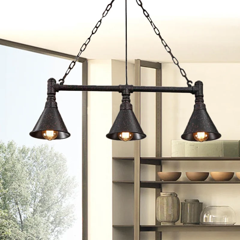 Roest Conische Eilandverlichting met Pijpontwerp Vintage Industrieel Metaal 3 Lichts Eetkamer Hangende Plafondlamp Clearhalo