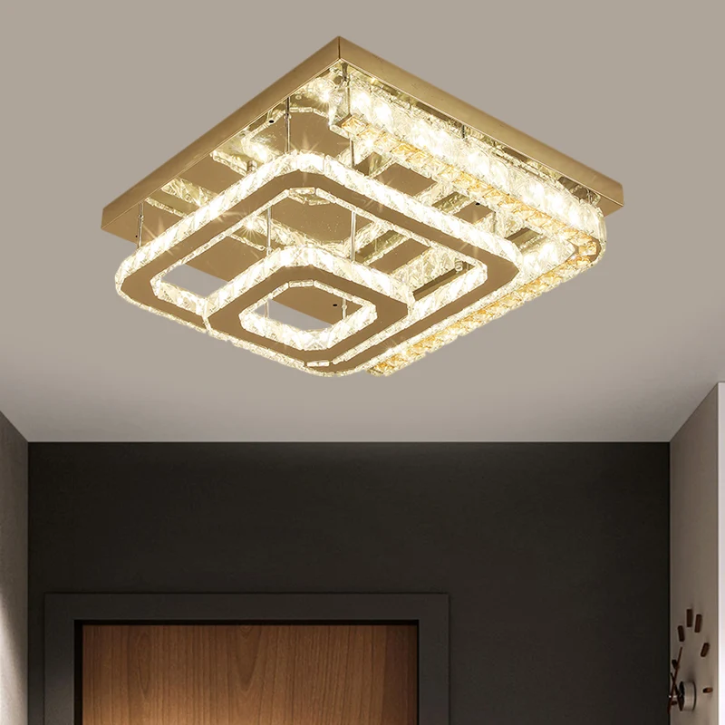 Roestvrijstalen vierkante plafondlamp Moderne heldere kristallen blokken LED-slaapkamer Halfverzonken montage Clearhalo