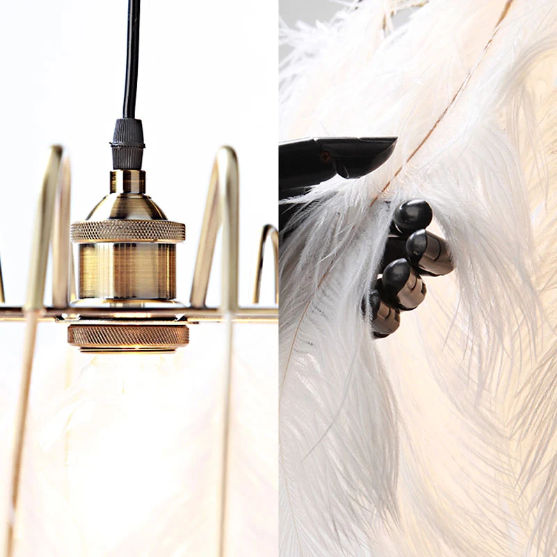 Romantische Drum-hanglamp 1-lichts veren- en metalen ophanglamp wit voor een volwassen slaapkamer Clearhalo