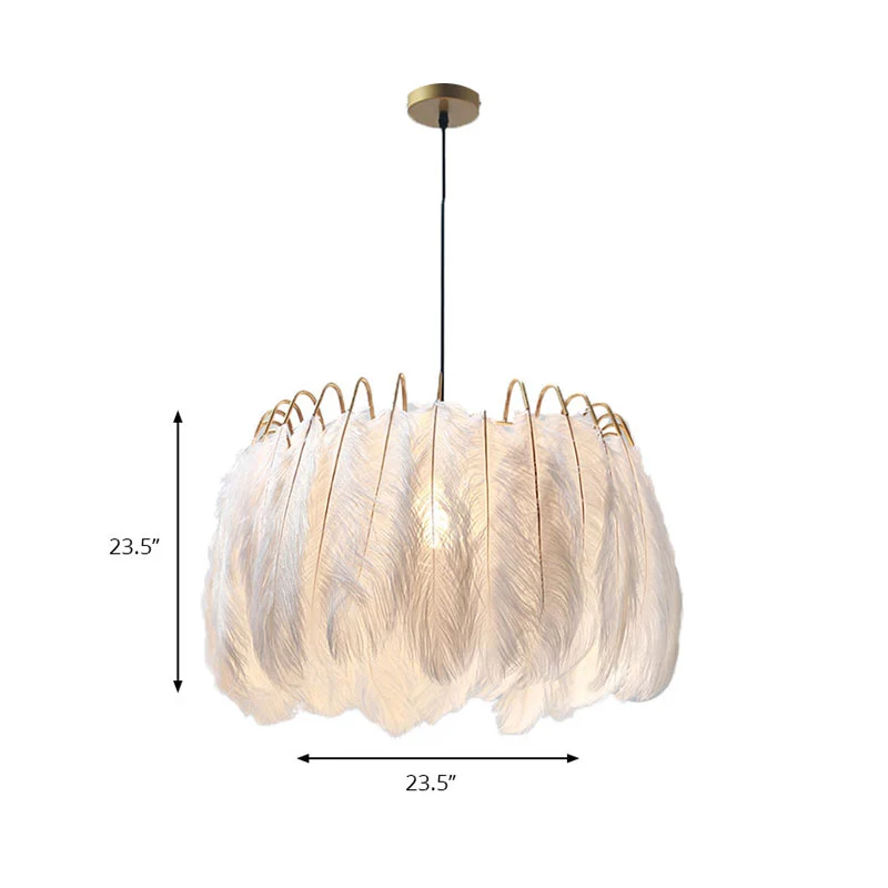 Romantische Drum-hanglamp 1-lichts veren- en metalen ophanglamp wit voor een volwassen slaapkamer Clearhalo