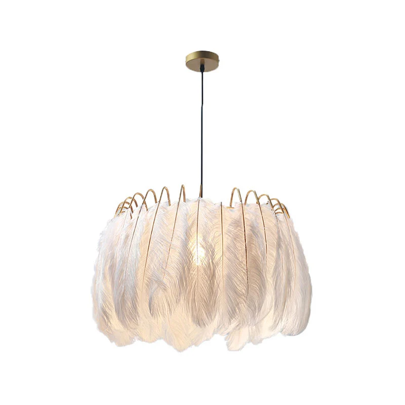 Romantische Drum-hanglamp 1-lichts veren- en metalen ophanglamp wit voor een volwassen slaapkamer Clearhalo