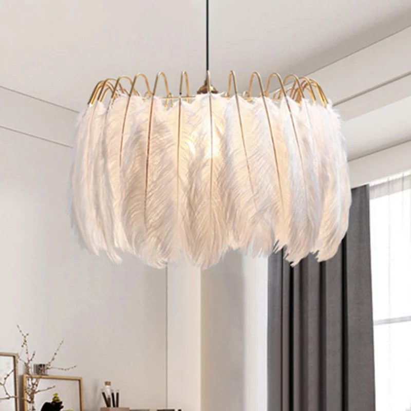Romantische Drum-hanglamp 1-lichts veren- en metalen ophanglamp wit voor een volwassen slaapkamer Clearhalo