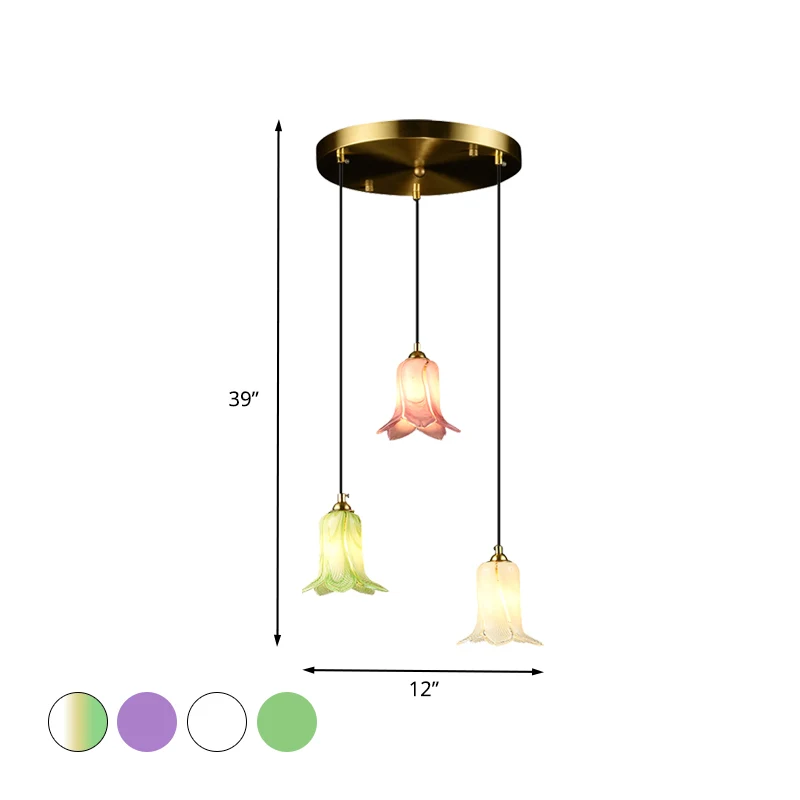Romantische Pastorale Lelie Cluster Hanger 3 Lampen Wit/Groen/Paars Glas LED Plafond Hang Armatuur voor Foyer Clearhalo