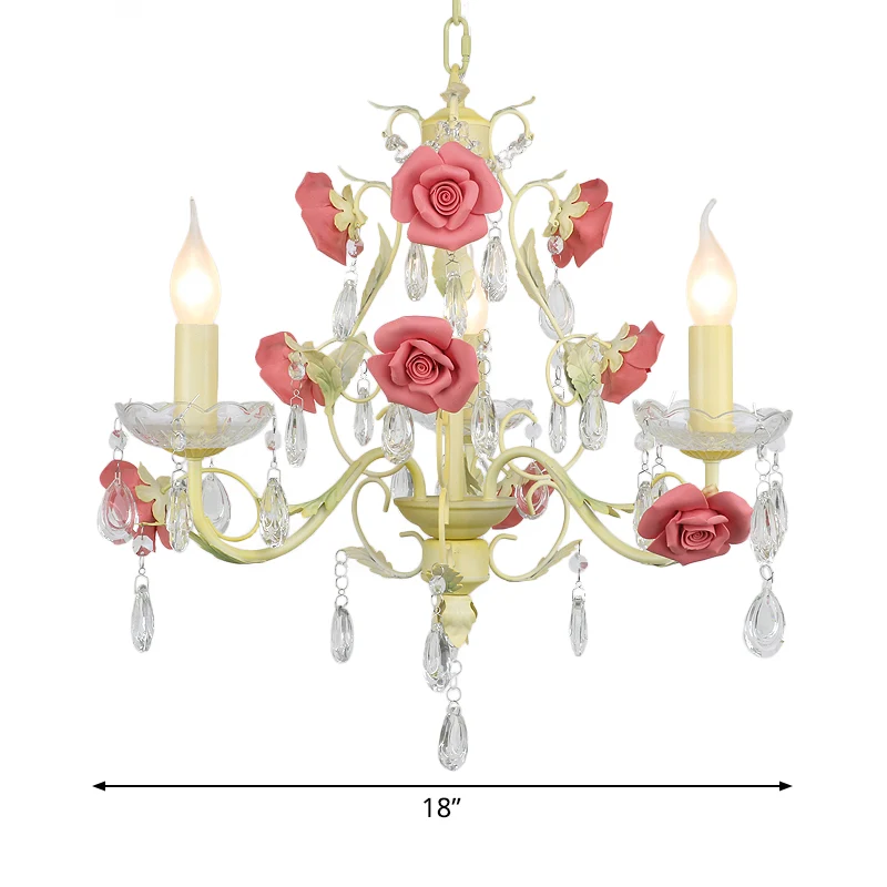 Romantische Pastorale Rose Swirl Vine Hanger 3 Hoofden Ijzeren Kroonluchter Licht Beige met K9 Crystal Drop Clearhalo