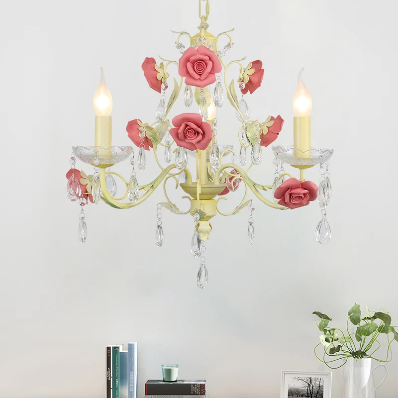 Romantische Pastorale Rose Swirl Vine Hanger 3 Hoofden Ijzeren Kroonluchter Licht Beige met K9 Crystal Drop Clearhalo