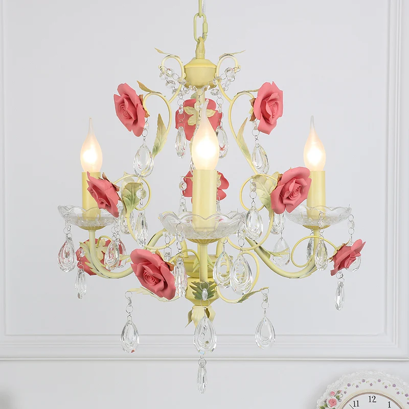 Romantische Pastorale Rose Swirl Vine Hanger 3 Hoofden Ijzeren Kroonluchter Licht Beige met K9 Crystal Drop Clearhalo