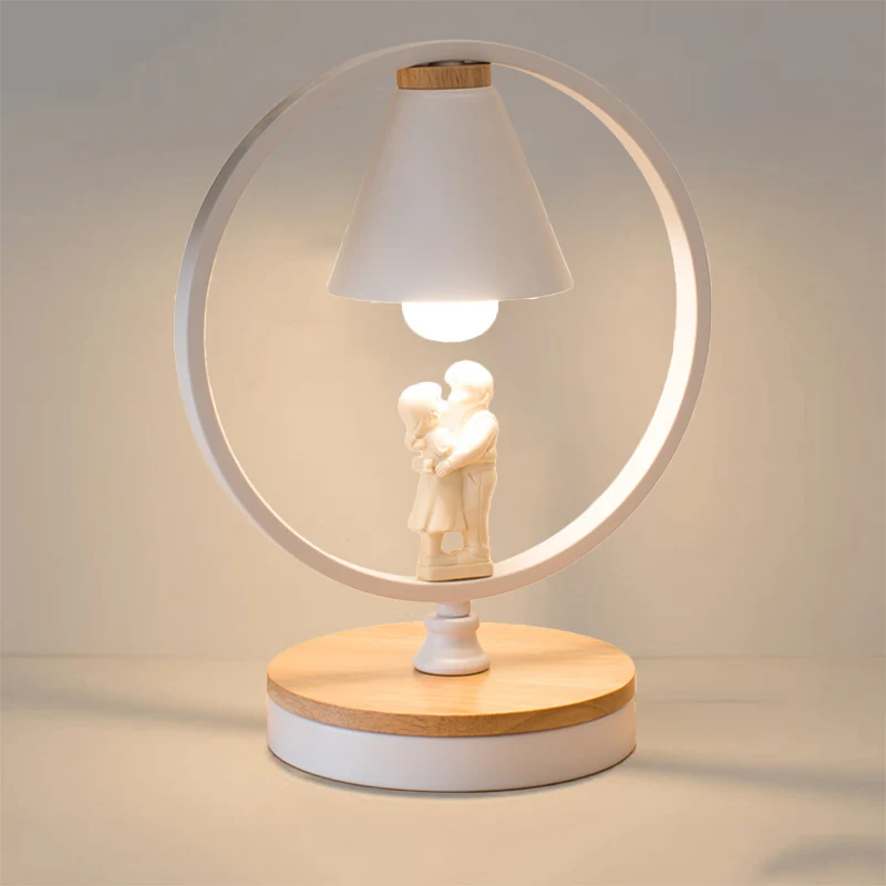 Romantische Ring Bureaulamp met Paar Deco Metaal 1 Kop Witte Tafellamp voor Slaapkamer Clearhalo