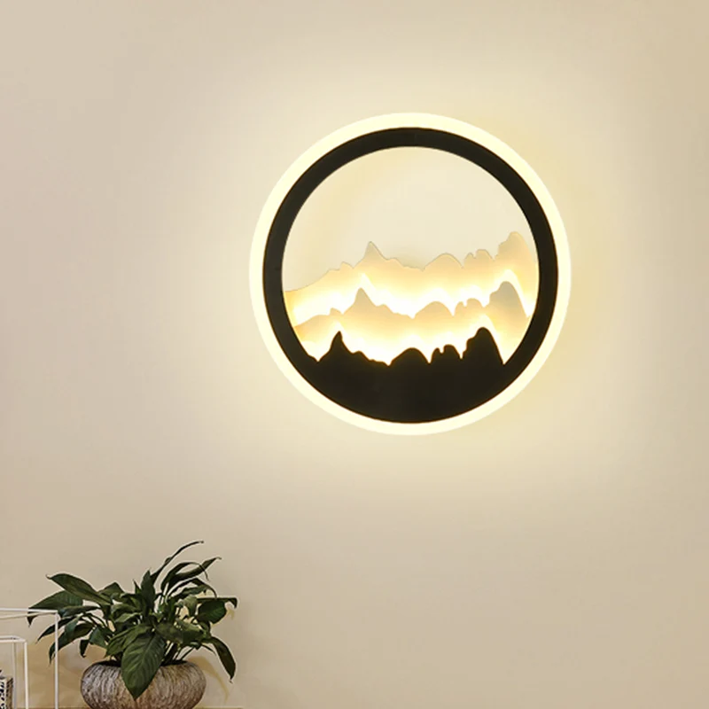 Rond gevormd acryl bergmuurschildering licht eigentijdse stijl LED zwart wandmontage licht Clearhalo