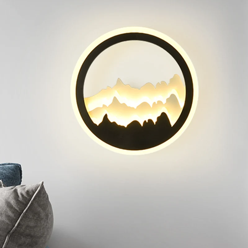 Rond gevormd acryl bergmuurschildering licht eigentijdse stijl LED zwart wandmontage licht Clearhalo