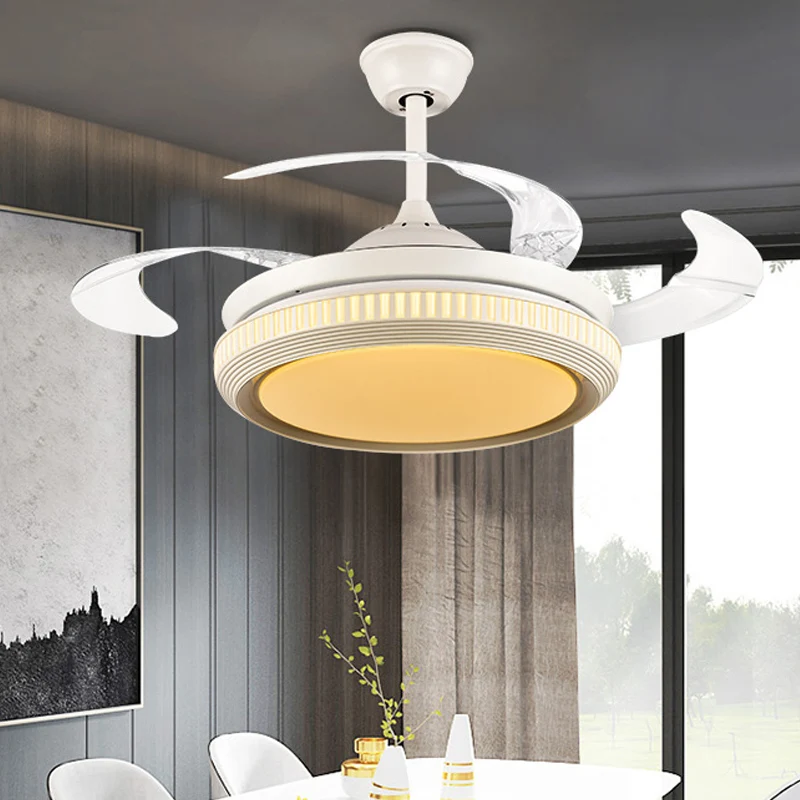 Ronde acryl hangende ventilatorlamp moderne LED woonkamer semi-inbouw plafondlamp wit met 8 heldere bladen, 42" W Clearhalo