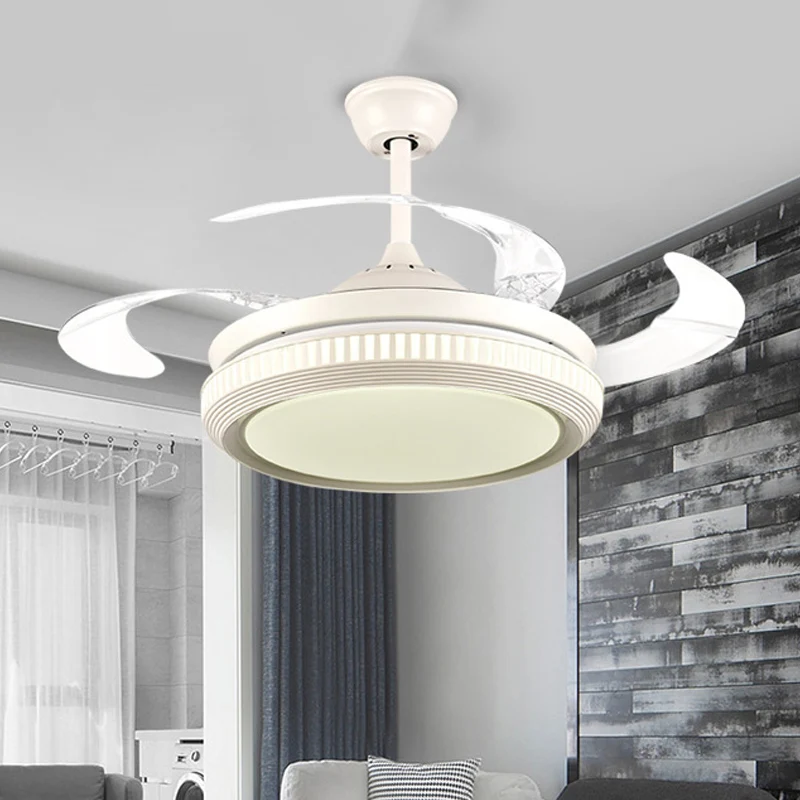Ronde acryl hangende ventilatorlamp moderne LED woonkamer semi-inbouw plafondlamp wit met 8 heldere bladen, 42" W Clearhalo
