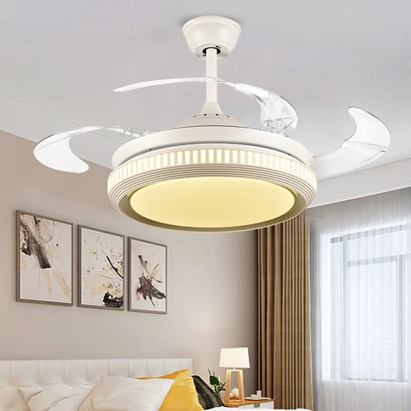 Ronde acryl hangende ventilatorlamp moderne LED woonkamer semi-inbouw plafondlamp wit met 8 heldere bladen, 42" W Clearhalo