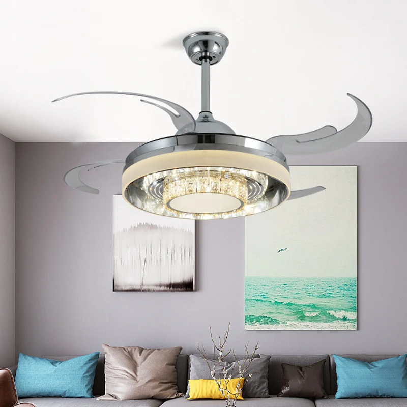 Ronde acryl hangende ventilatorlamp modernistische LED 42" W woonkamer semi-gemonteerde verlichting zilver met kristallen...