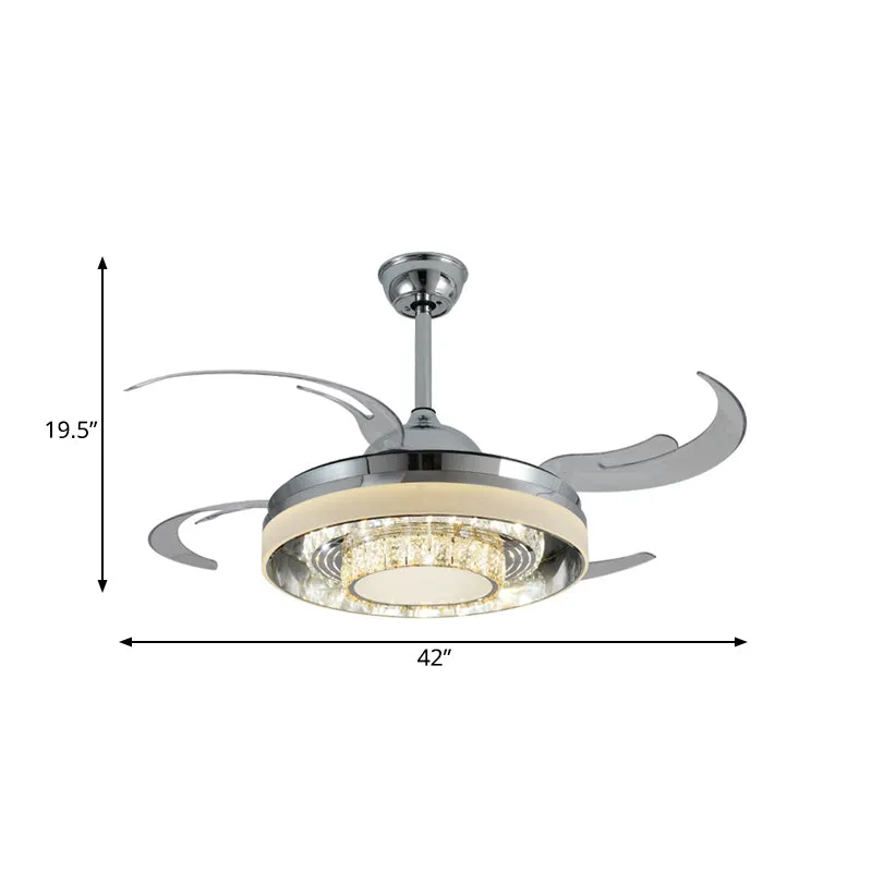 Ronde acryl hangende ventilatorlamp modernistische LED 42" W woonkamer semi-gemonteerde verlichting zilver met kristallen...
