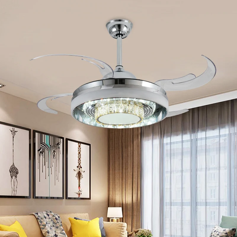 Ronde acryl hangende ventilatorlamp modernistische LED 42" W woonkamer semi-gemonteerde verlichting zilver met kristallen...